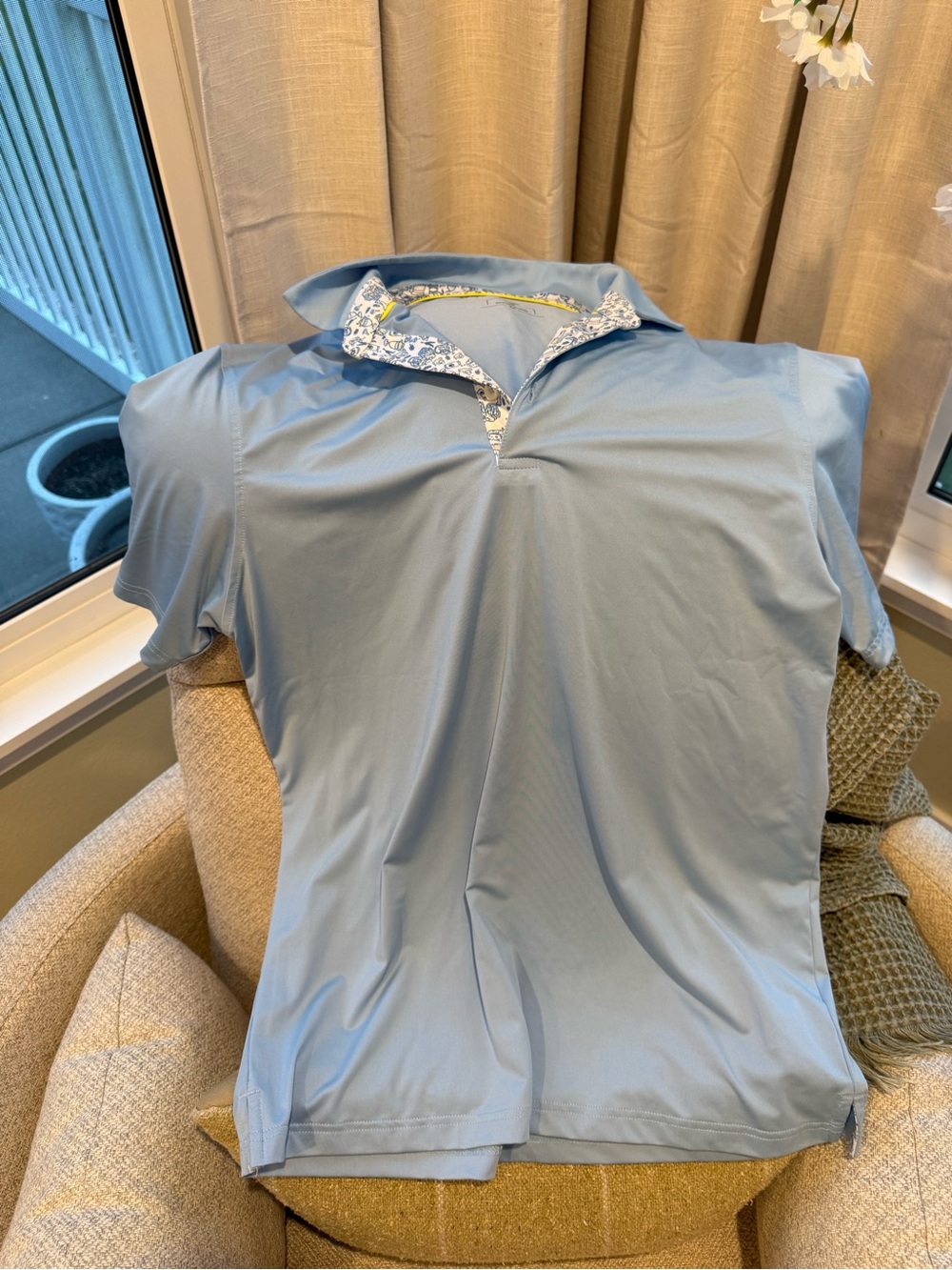 Men's Light Blue Polo Shirt with Patterned Collar